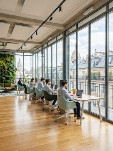 Crisp architectural photography of a bright modern Parisian office with clean glass windows, natural light streaming onto a polished floor, 35mm lens.