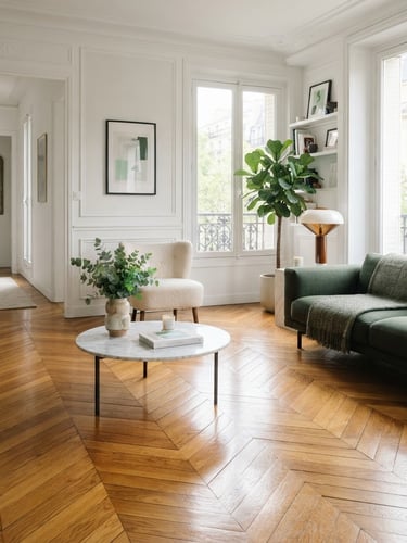 Bright, natural daylight illuminating an immaculate modern Parisian apartment, crisp focus on polished wooden floors and clean surfaces, pine green accents, 35mm lens.