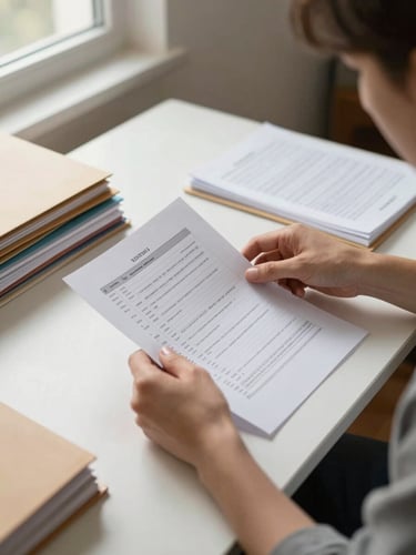 Medium shot from slightly above, hands sorting and annotating paper financial statements on a clean desk, soft natural window light from the left, organized folders visible at the edge of frame, warm neutral workspace tones