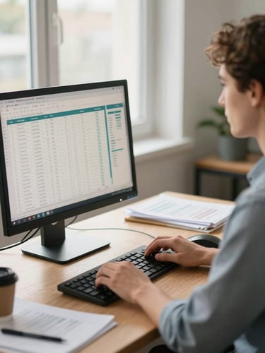 Medium shot from the right side of a small business owner at a desk, hands resting on a keyboard, a monitor displaying a spreadsheet and financial dashboard in the foreground, natural window light falling across the workspace, papers and a coffee mug visible on the desk surface, warm neutral office environment