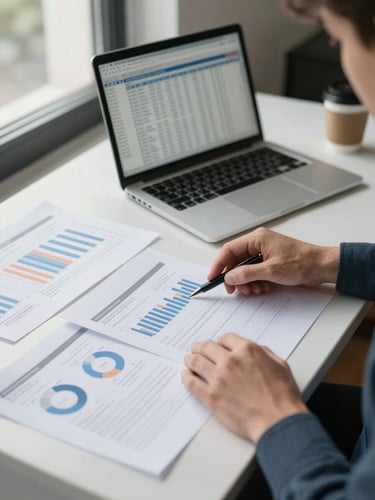 Medium shot of a founder at a desk reviewing printed financial reports, hands resting on paper, natural daylight from a window to the left, laptop open in background showing a spreadsheet, organized documents and a coffee cup on the desk surface
