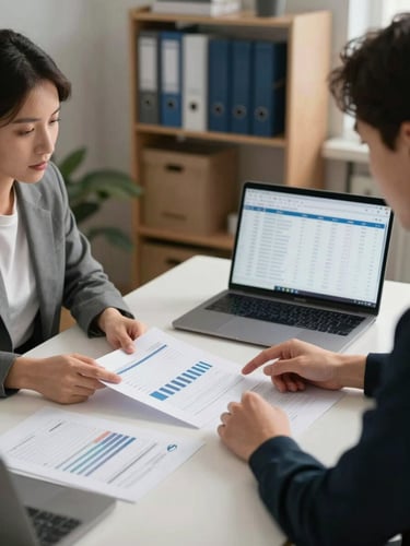 Wide environmental shot of two people across a work table discussing documents and a laptop screen showing accounting data, soft studio lighting, one person pointing at a printed chart, real office workspace with shelves and binders in background, mid-range framing showing hands and faces