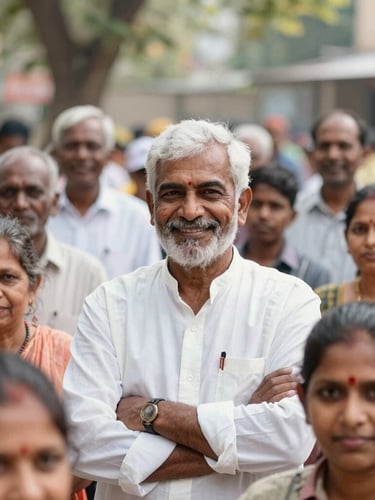 Dignified environmental portrait of a diverse community gathering in Pune, bright natural daylight, hopeful atmosphere, 35mm lens.