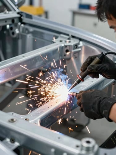 Close-up of precise welding sparks on a vehicle chassis frame, professional technician focused on technical details, bright clean workshop lighting, sharp reflections, high-contrast clean tones, 50mm lens