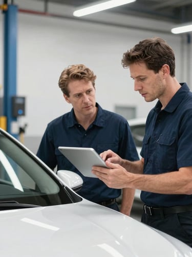 Professional technician in a clean, well-lit Ebenezer Collision Center bay, holding a tablet and clearly explaining repair options to a customer, both looking at a pristine vehicle, eye-level shot, crisp commercial photography.
