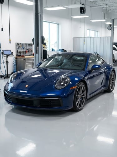 Crisp commercial photography of Ebenezer Collision Center bright clean workshop, a pristine premium vehicle in a well-lit bay with sharp reflections on polished metal, high-contrast clean tones, 50mm lens