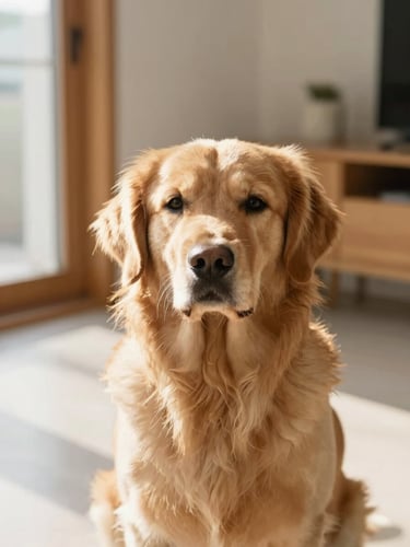 An eye-level portrait of a calm golden retriever sitting in a bright, sunlit private suite with natural wood accents and soft morning light.