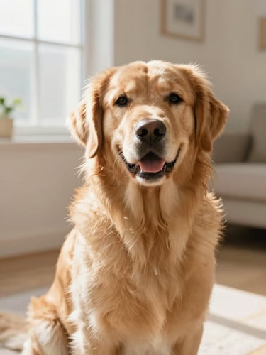 Eye-level portrait of a relaxed Golden Retriever sitting in a bright, clean private suite with soft sunbeams streaming through a window, warm editorial style