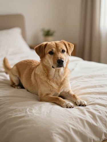 A relaxed dog resting on a clean, comfortable bed in a spacious private suite, warm natural light, soft golden tones, shallow depth of field