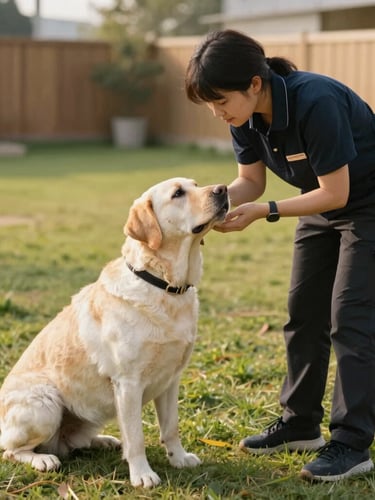 A calm, professional dog handler interacting gently at eye-level with a relaxed Labrador in a spacious, secure outdoor play yard with green grass and warm daylight