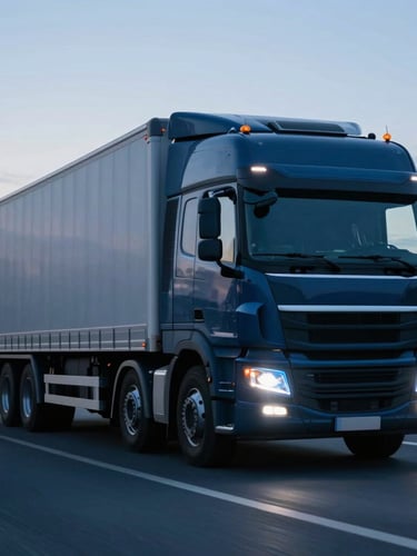 Modern freight truck moving rapidly down a highway at twilight, cool blue headlamps, sharp focus, professional corporate photography