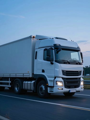A modern freight truck in motion on a highway at twilight, cool blue tones, high-contrast crisp daylight, professional corporate photography