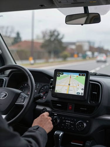 Driver's cab perspective through a windshield during an early-morning delivery run, GPS navigation screen mounted on dash showing a route through a city grid, overcast daylight, dashboard and steering wheel visible in foreground, no driver face shown