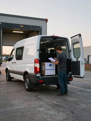 Wide environmental shot of a white Sprinter Van backed up to a loading dock in early morning overcast light, rear doors open, driver checking a temperature-controlled package against a paper manifest, concrete dock and metal roll-up door visible, no warm lighting