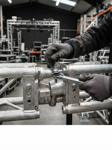Straight-on technical shot of a heavy-duty aluminum stage truss being locked into place by hands wearing industrial work gloves, crisp warehouse lighting, high-contrast details