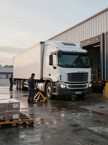 Medium-wide shot of a loading dock in overcast morning light, a single semi-truck backed into a dock door, dock workers moving freight on pallet jacks, concrete floor wet from overnight rain, industrial dock levelers visible, no staging or fill flash
