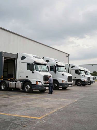 Wide environmental shot at loading dock during shift change, overcast morning light, several semi-trucks staged at dock doors in the background, a driver mid-pre-trip inspection in the near-middle ground checking a tire, industrial warehouse facade visible at left edge, flat grey sky overhead