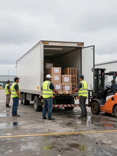 Medium shot of a loading dock at shift change, overcast daylight, a refrigerated trailer backed to the bay, dock workers in high-vis vests moving cargo, forklift visible in background — natural industrial light, no fill flash, slightly damp dock floor