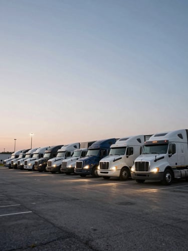 Wide shot of a commercial fleet lot at dawn, ten or more semi-trucks parked in parallel rows under a pale blue-grey sky, facility lighting still on from overnight, long shadows cast across the asphalt, no people, scale of operation conveyed by the depth of the lot