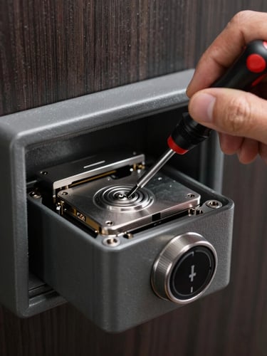 Close-up macro of a technician's hand using a precision screwdriver on the metallic internal mechanism of a high-security digital safe, soft directional lighting.