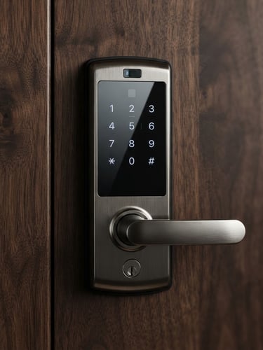 sharp product photography, modern digital lock on dark wood door, soft directional lighting, metallic textures, depth of field, 50mm