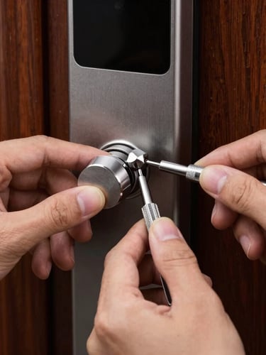 macro photo of technician hands calibrating a high-tech biometric lock with precise tools, soft directional lighting, metallic details
