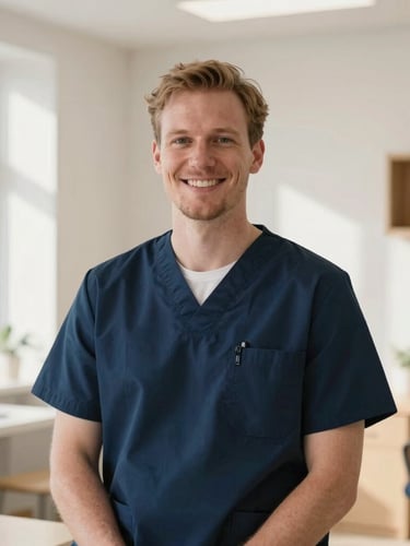 Warm environmental portrait of a smiling Scandinavian clinician in a bright clinic room with light wood accents, soft natural daylight, shallow depth of field, 35mm