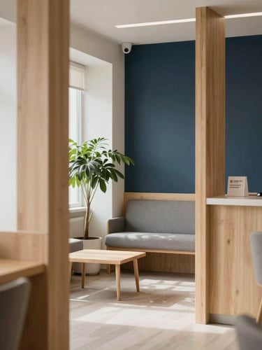 A warm Scandinavian clinic interior with light wood accents, soft northern daylight, clean minimalist decor, a comfortable waiting area with a green plant, 35mm photography