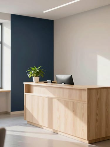 Bright Scandinavian clinic interior with light wood accents, soft northern daylight, minimalist reception desk with a small green plant, warm welcoming atmosphere, 35mm