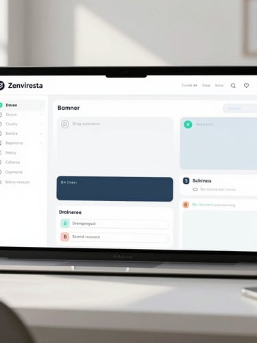 High-fidelity UI mockup of Zenviresta's drag-and-drop course builder dashboard, showing a clean layout with content blocks, bright natural daylight, soft shadows, minimalist modern workspace, crisp details, professional tech aesthetic, 50mm lens, straight-on view.