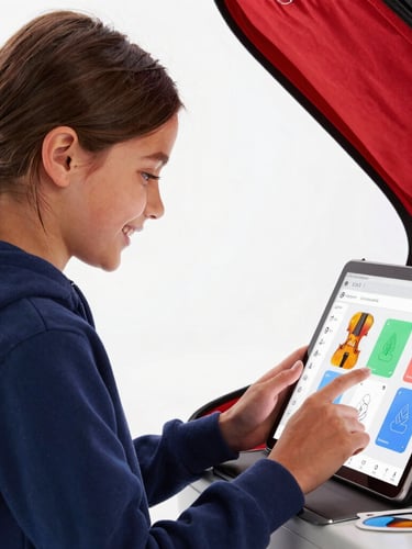 Dynamic close-up of a smiling music student playing the app on a tablet, colorful physical stickers visible on their violin case, bright high-key product photography, bold red and blue ambient lighting, crisp studio focus, 35mm