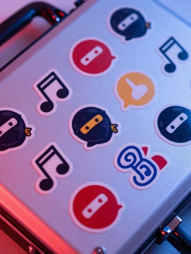Dynamic close-up flat-lay of colorful physical reward stickers with ninja music icons on a glossy instrument case, bright studio lighting with red and blue ambient fills, 35mm