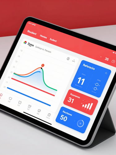 High-contrast dashboard mockup on a tablet screen, displaying real-time student metrics, colorful practice streak charts, and rhythm mastery scores in bold red and blue interface elements, clean studio focus, 35mm.
