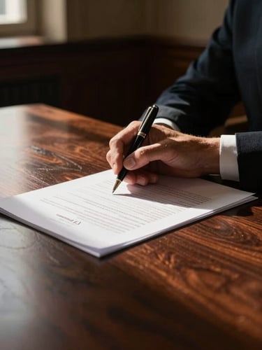 Close-up of a hand in a dark suit reviewing legal documents with a premium pen on a polished dark wood table, dramatic high-contrast lighting, 35mm.