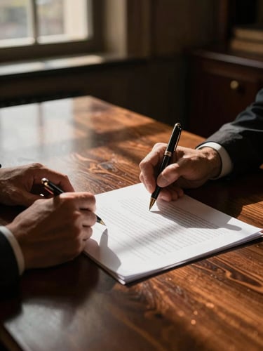 Close-up of hands reviewing legal contracts on a polished dark wood table, with a premium writing instrument visible, dramatic lighting, deep shadows, 35mm.