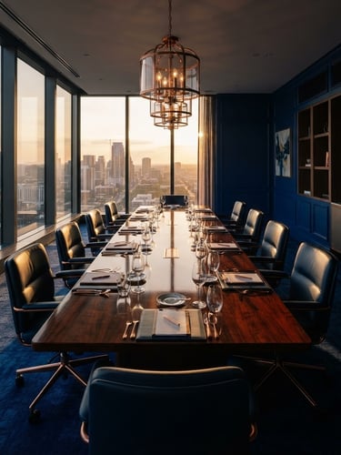 Wide environmental shot of an empty high-end boardroom in deep royal blue tones, dramatic window lighting casting long shadows on a polished mahogany table, 35mm.