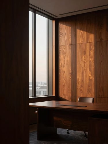 Elegant architectural photography of a modern, quiet private office with rich wood panels, soft golden-hour light filtering through a tall window, deep shadows, 35mm