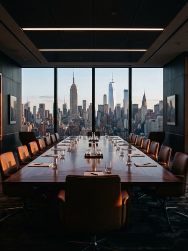 Wide shot of a modern, elegant corporate boardroom with high-contrast architectural lighting and deep shadows, a large polished dark wood table, and a view of a city skyline through large windows, 35mm.