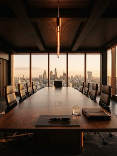 Wide panoramic shot of an imposing corporate boardroom, elegant modern law office, with dramatic, high-contrast architectural lighting and deep shadows, golden-hour window light, rich copper tones, 35mm. Subject is an empty, high-end desk with a premium writing instrument.