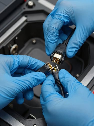Extreme close-up, overhead angle — technician hands in blue nitrile gloves connecting a multi-pin diagnostic cable to an EV battery management port, bright clinical studio lighting revealing connector detail and cable texture, dark service bay floor visible at edge