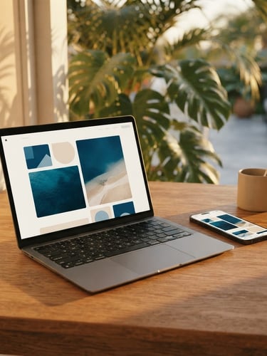 A sleek modern laptop and smartphone mockup displaying a clean, minimalist website layout, resting on a warm wooden desk with soft golden-hour shadows and a hint of tropical foliage in the background.