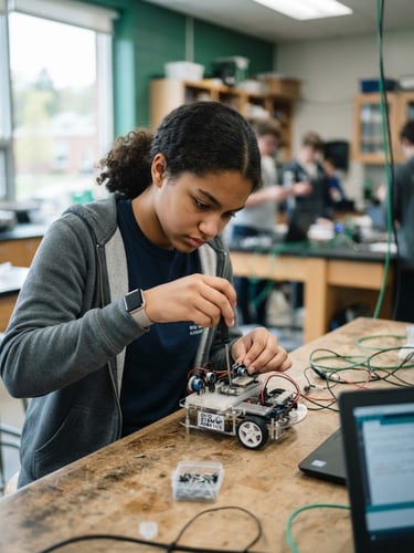 A medium shot of an American high school student in Ohio focused on assembling a small programmable robotics kit, bright natural daylight, cool tones with subtle emerald accents, shallow depth of field