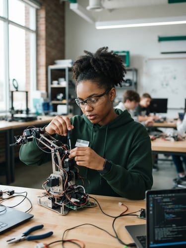 A focused young American woman of color working with robotics in a bright modern Ohio classroom, natural daylight, shallow depth of field