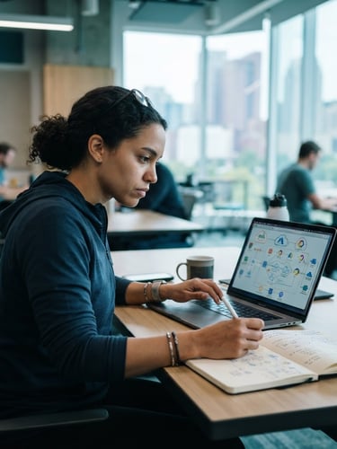 A focused American tech professional working on cloud architecture diagrams in a bright, modern Columbus Ohio classroom, natural daylight, cool tones, shallow depth of field
