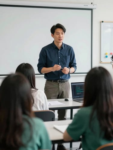 A focused male tech instructor explaining a coding concept to a diverse group of students in a bright Ohio classroom, natural daylight