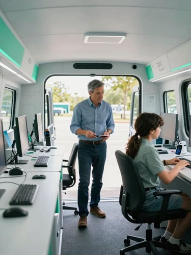 A wide shot of a modern mobile technology lab interior inside a converted vehicle, high-tech workstations, an American educator guiding a student, cool natural light, bright emerald accents