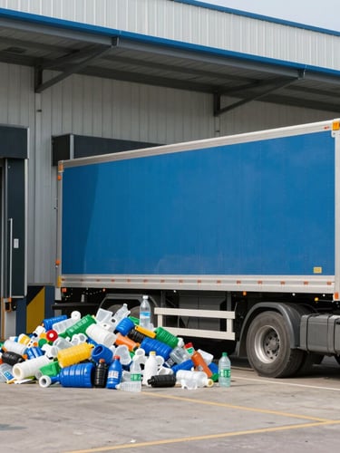Wide environmental shot of a modern transport truck loading sorted plastic materials at a clean industrial loading dock, bright daylight, realistic corporate tones, 35mm