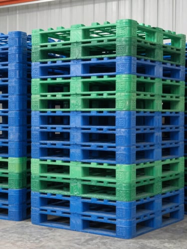 Crisp industrial photography of organized stacks of sorted blue and green plastic pallets in a bright modern warehouse setting, daylight, sharp focus