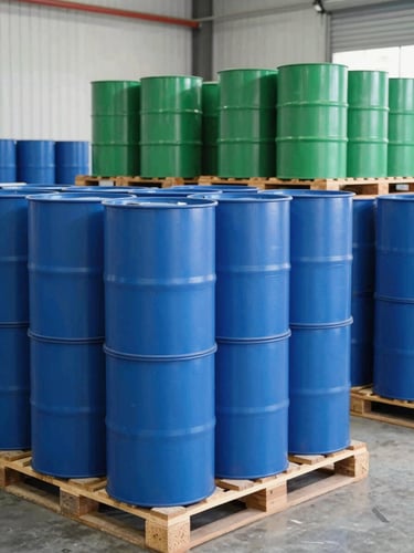Crisp industrial photography of organized stacks of sorted blue plastic drums and pallets in a bright warehouse, clean composition, 35mm