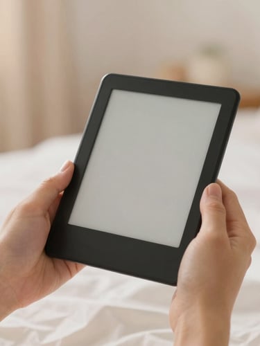 Soft lifestyle photography of hands holding an e-reader in a cozy bedroom setting, soft diffused morning light, warm morning glow, gentle pastel tones, 35mm film style.